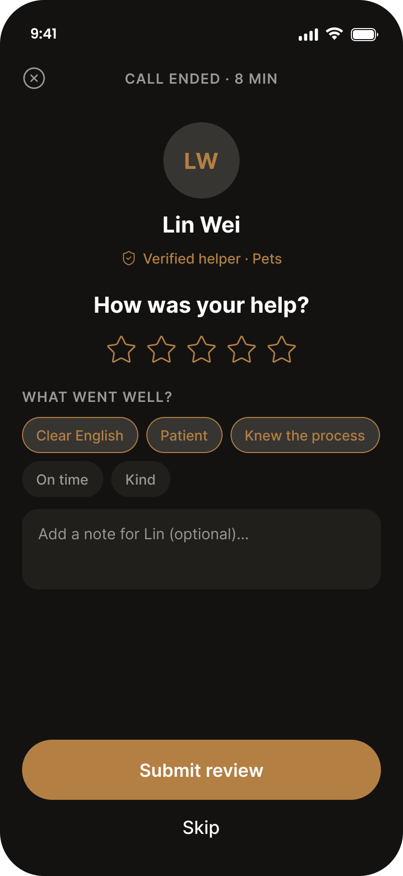 Rate after a call, dark